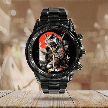 Discover Samurai Cat Japanese Tattoo Kawaii Graphic Calendar Steel Band Watch
