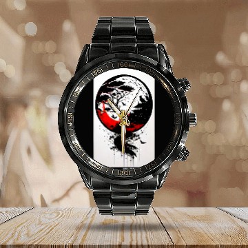 Discover Japanese Tree Red Moon With Birds Flying in background Graph 2 Calendar Steel Band Watch