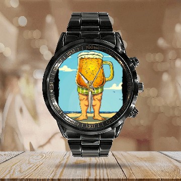 Discover Beer Fun walking Beer in Swim Trunks Costume Zip Calendar Steel Band Watch
