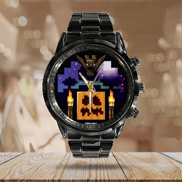 Discover Minecraft Halloween Bat Flying Over Pumpkin Nighttime Zip Calendar Steel Band Watch