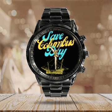 Discover Save Columbus Day Calendar Steel Band Watch