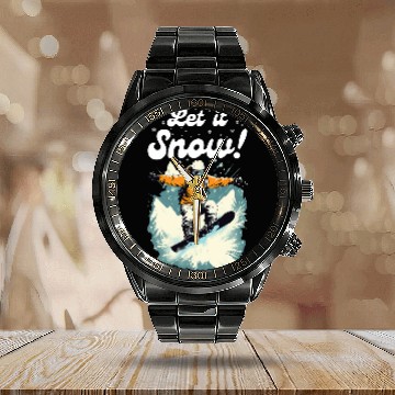 Discover Ski Let it Snow Snowboard Vacation Snowboarder Mountain Zip Calendar Steel Band Watch
