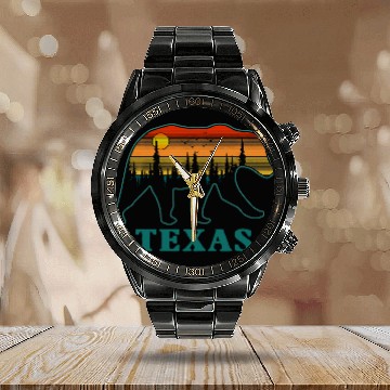 Discover Retro Texas Grizzly Bear Nature Camping Mountain Hiking Calendar Steel Band Watch