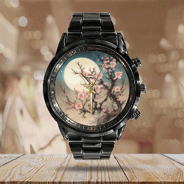 Discover Midnight Magic in a Garden of Cherry Blossoms Calendar Steel Band Watch