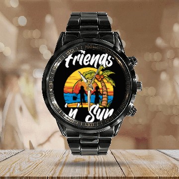 Discover Sun Friends Island Vacation Beach Tanning Sunbathing Tan Calendar Steel Band Watch