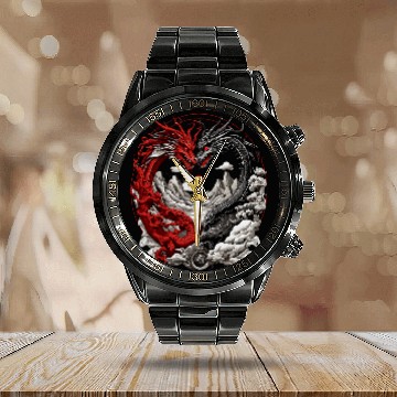 Discover Dragon Pet two dragons facing off dragon yingyang 2 Calendar Steel Band Watch