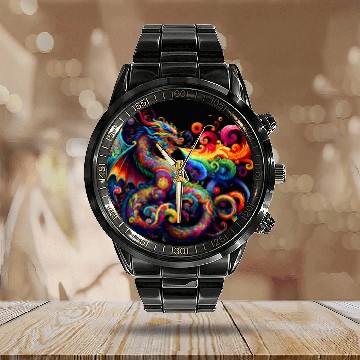 Discover Dragon Pet Vibrant Paisley Dragon Breathing Rainbow Flame Calendar Steel Band Watch