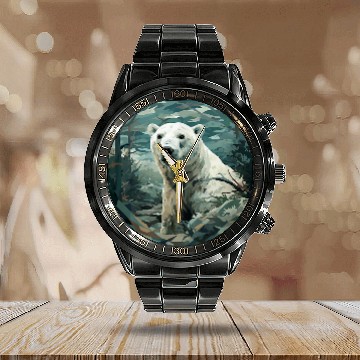 Discover Bear Pet Polar Bear Leaves Snow Camouflage Graphic Calendar Steel Band Watch