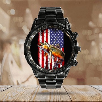 Discover Speckled Brook trout American flag Fishing Calendar Steel Band Watch