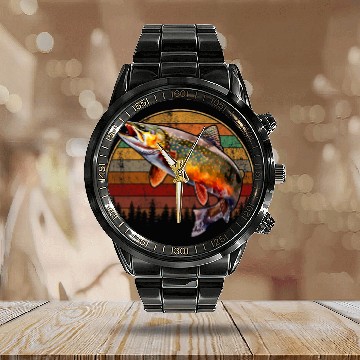 Discover Speckled Brook trout vintages Fishing Calendar Steel Band Watch