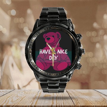 Discover Bear Pet Have A Nice Day Pink Bear Calendar Steel Band Watch