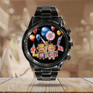 Discover Bear Pet Royal bear King Charles III coronation May Union Jack Calendar Steel Band Watch