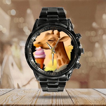 Discover Giraffe Pet Eating Ice Cream Cone Funny Giraffes 1 Calendar Steel Band Watch