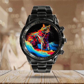 Discover Surfing Maine Coon Cat Surf Calendar Steel Band Watch