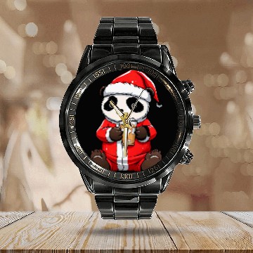 Discover Panda Pet Drinking Boba Tea Santa Hat xmass Christmas Calendar Steel Band Watch