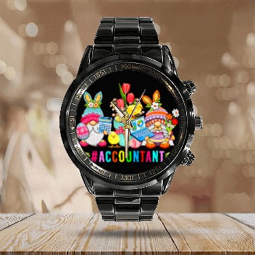 Discover Accountant Easter Day Bunny Gnomes With Chicks Hunting Eggs Calendar Steel Band Watch