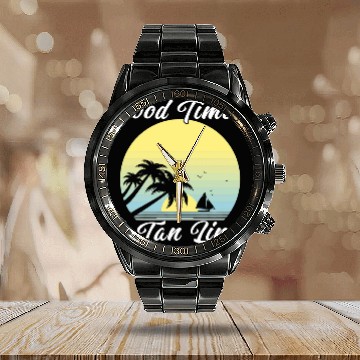 Discover Tan Lines Tanning Sunbathing Summer Island Sunset Sunrise Calendar Steel Band Watch
