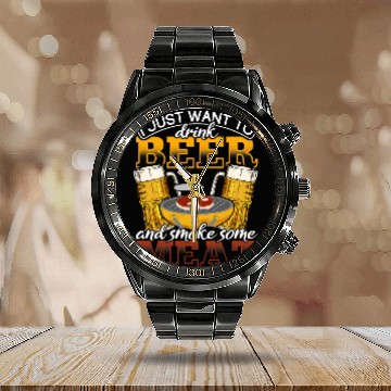 Discover Beer Fun Grilling Meats Calendar Steel Band Watch