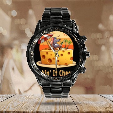 Discover Takin it Cheesy Mouse with Cheese On A Beach Funny Surf Pun Calendar Steel Band Watch