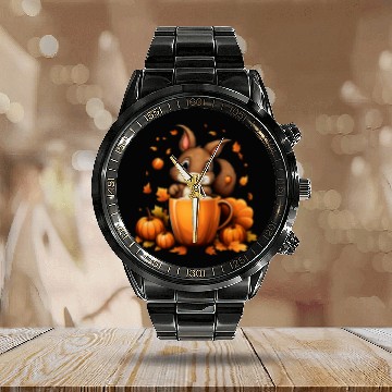 Discover Squirrel Pet Pumpkin Spice Latte Fall Leaves Autumn Halloween Calendar Steel Band Watch