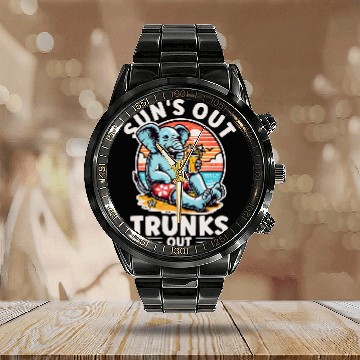 Discover Elephant Pet Sun s Out Trunks Out Elephant at Beach Baseball Tees Calendar Steel Band Watch
