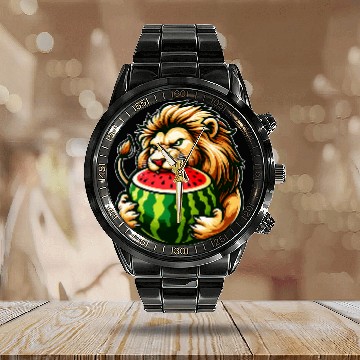 Discover Lion Pet Eating Watermelon Calendar Steel Band Watch