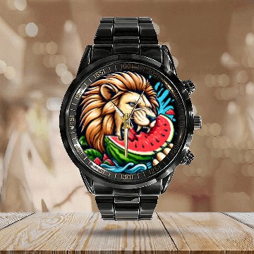 Discover Lion Pet Eating Watermelon 1 Baseball Tees Calendar Steel Band Watch