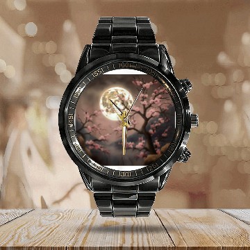 Discover Moonlit Cherry Blossom Paradise in a Japanese Garden Baseball Tees Calendar Steel Band Watch