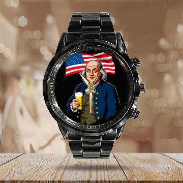 Discover Beer Fun Benjamin Franklin With Beer Mug American Flag 8 Baseball Tees Calendar Steel Band Watch