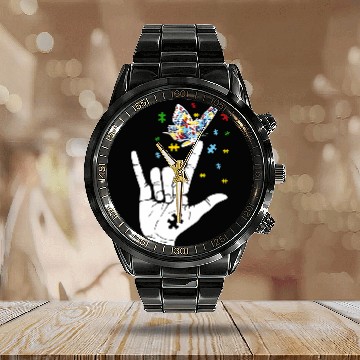 Discover Autism Awareness I Love You Hand Sign Language Butterfly Baseball Tees Calendar Steel Band Watch