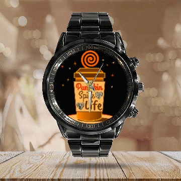 Discover Coffee Fun Pumpkin Spice Fall Harvest Coffee Lover Gift Halloween Calendar Steel Band Watch