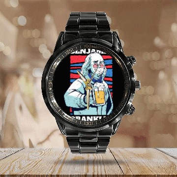 Discover Beer Fun Ben Franklin Drinking Beer Benjamin Dranklin Calendar Steel Band Watch