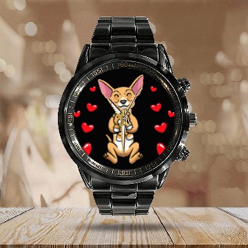 Discover Chiweenie Dog With Stuffed Animal 1 Calendar Steel Band Watch