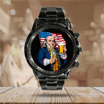 Discover Beer Fun Benjamin Franklin With Beer Mug Design Calendar Steel Band Watch