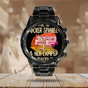 Discover A Girl Her Cocker Spaniel and Her Camper Spaniel Owner Zip Calendar Steel Band Watch