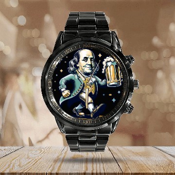 Discover Beer Fun Benjamin Franklin With Beer Mug Celebrate Freedom Calendar Steel Band Watch