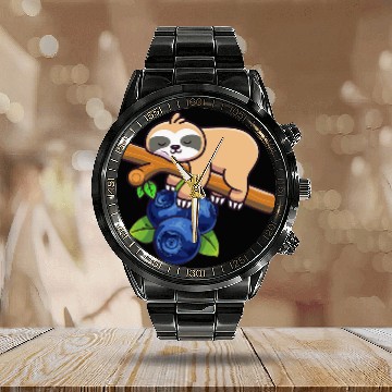 Discover Sloth Pet With Blueberry Funny Blueberries Fruit Lover Graphic Calendar Steel Band Watch