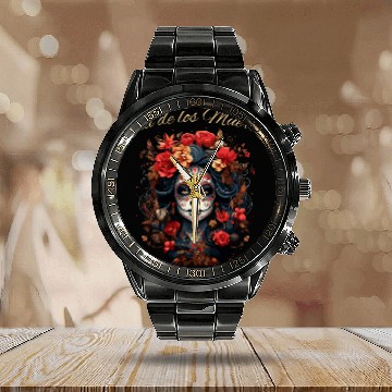 Discover Vibrant Dia de los Muertos Sugar Skull Calavera Calendar Steel Band Watch