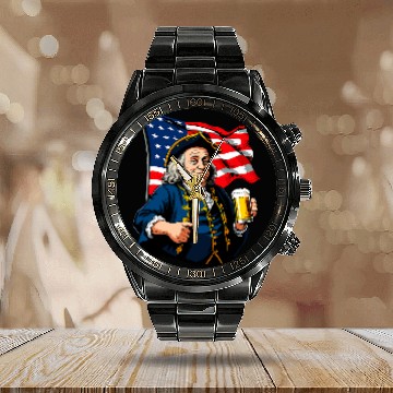 Discover Beer Fun Benjamin Franklin With Beer Mug American Flag 6 Calendar Steel Band Watch