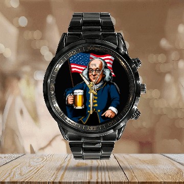 Discover Beer Fun Benjamin Franklin With Beer Mug American Flag Calendar Steel Band Watch