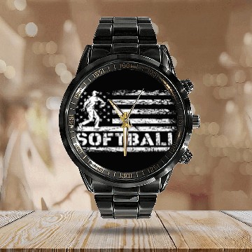 Discover American Softball Flag Batter Girls Softball game day Baseball Tees Calendar Steel Band Watch