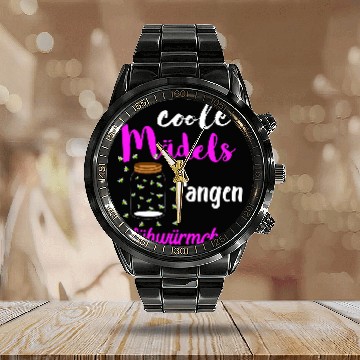 Discover Cool girls catch fireflies glass container light beetle Zip Calendar Steel Band Watch