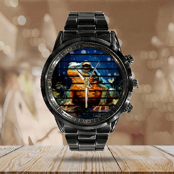 Discover Retro circle green frog blue starry night sky pond anime art Baseball Tees Calendar Steel Band Watch