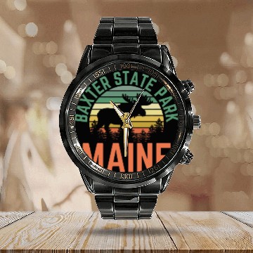 Discover Lacrosse Gift Baxter State Park Maine Moose Hiking Retro Sunset Calendar Steel Band Watch