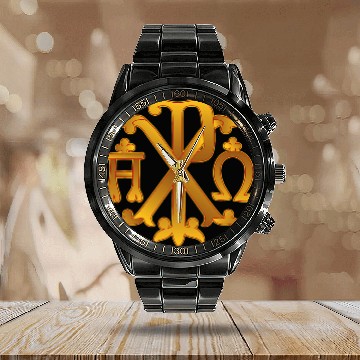 Discover Christian symbol ChiRho and the alpha omega Calendar Steel Band Watch