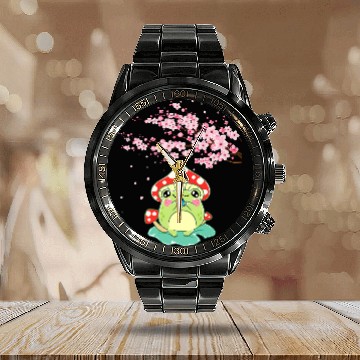 Discover Cute Frog Mushroom Sakura Butterfly Cottagecore Aesthetic Calendar Steel Band Watch