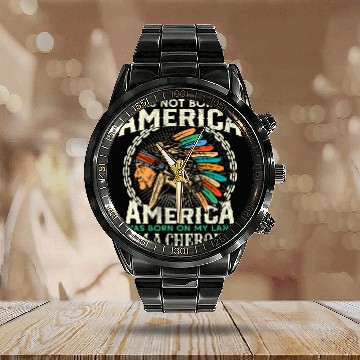 Discover America Born on My Land Cherokee Native American 2 Calendar Steel Band Watch