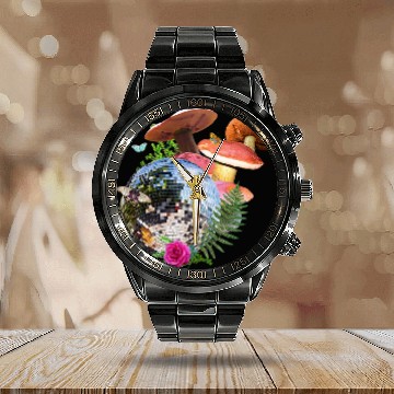 Discover Disco Ball Cottagecore Mushroom Butterfly Flowers Calendar Steel Band Watch