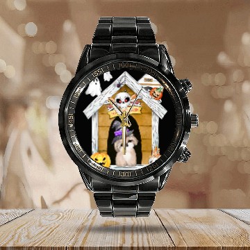 Discover Halloween Shih Tzu Dog Witch Haunted House Calendar Steel Band Watch