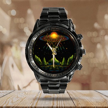Discover Alien UFO Native American Indian Encounter Graphic Art 15 Calendar Steel Band Watch
